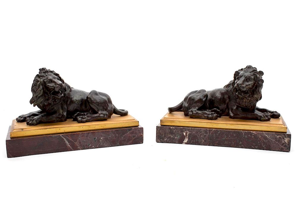 Appraisal: A Pair of Grand Tour Bronze Recumbent Lions Height x