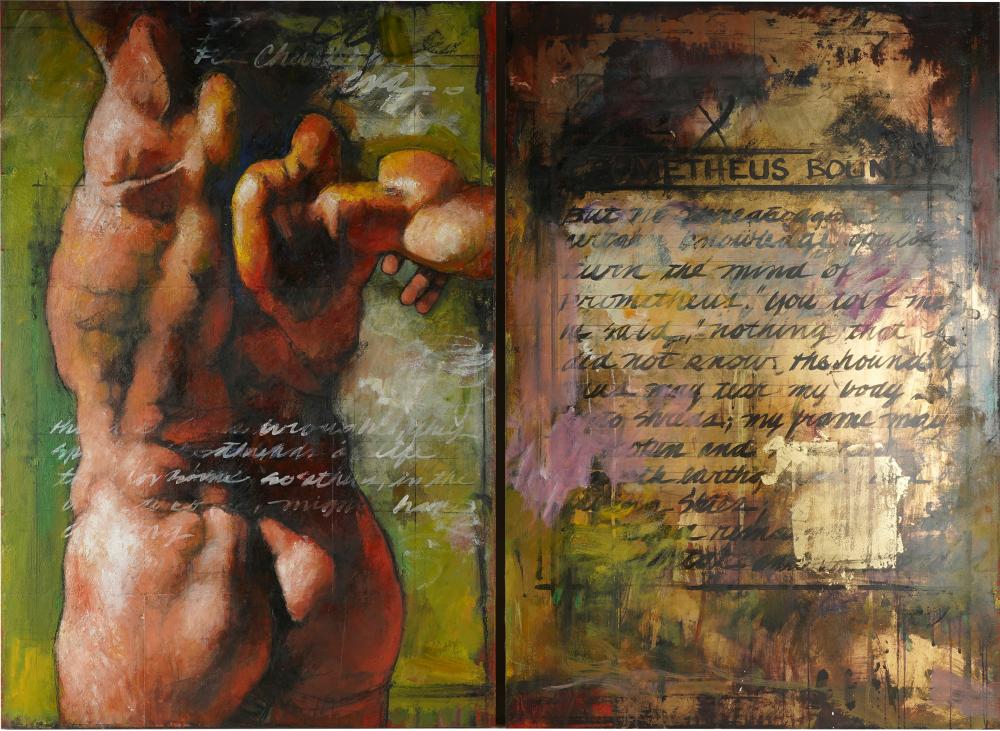 Appraisal: JAMES JIM MORPHESIS B PROMETHEUS BOUND oil enamel charcoal collage