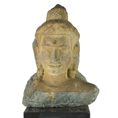 Appraisal: THAI STONE BUDDHA HEAD ANGKOR PROVINCE Khmer style ebonized wood