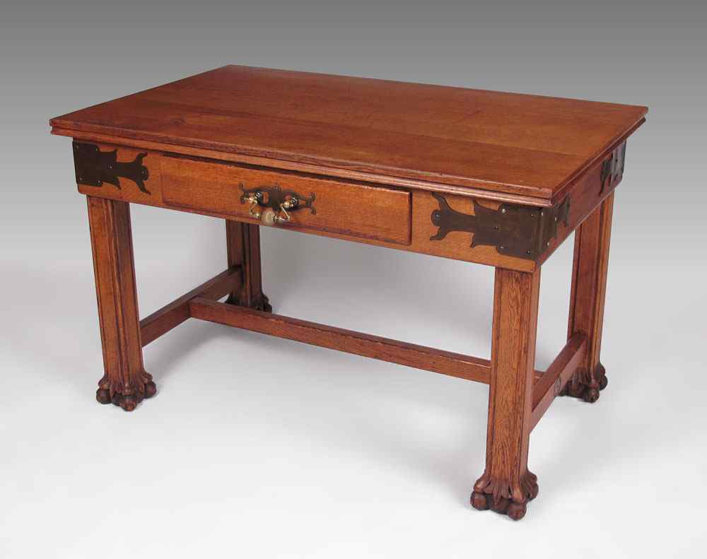 Appraisal: GOLDEN OAK ARTS CRAFTS DESK Single drawer brass hardware and