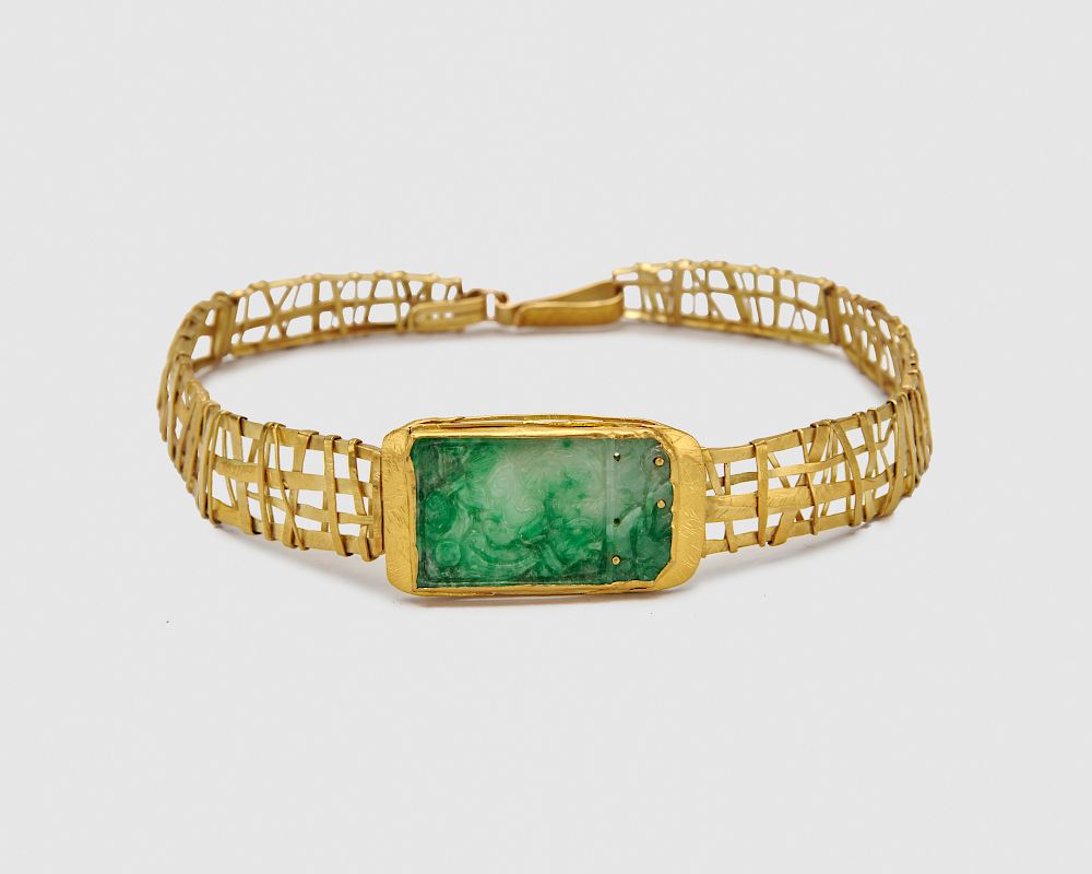 Appraisal: ATELIER JANIYE K Gold K Gold and Antique Carved Jadeite