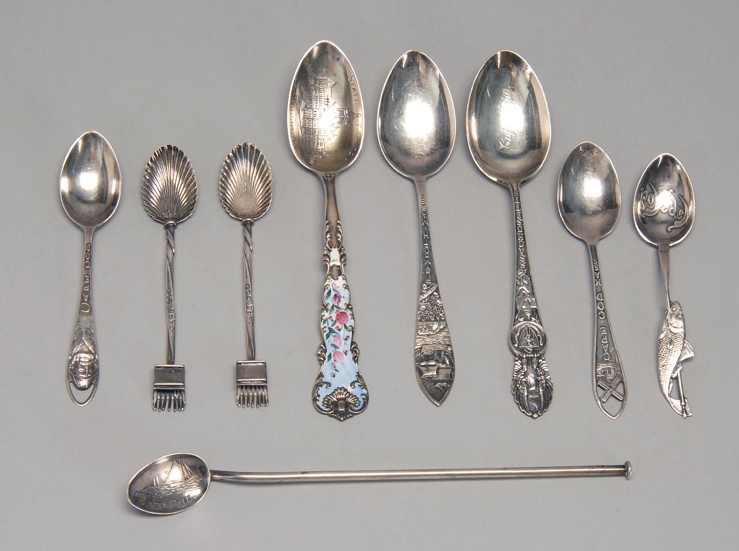 Appraisal: NINE LATE TH EARLY TH CENTURY SILVER SOUVENIR SPOONS Mostly