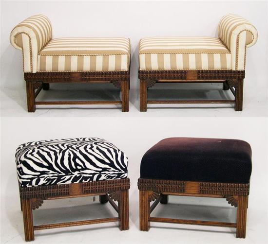 Appraisal: Four carved base matching stools two with silk stripe one