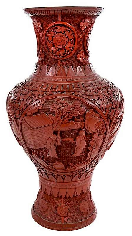 Appraisal: Chinese Cinnabar Red Vase baluster form vase carved with panels