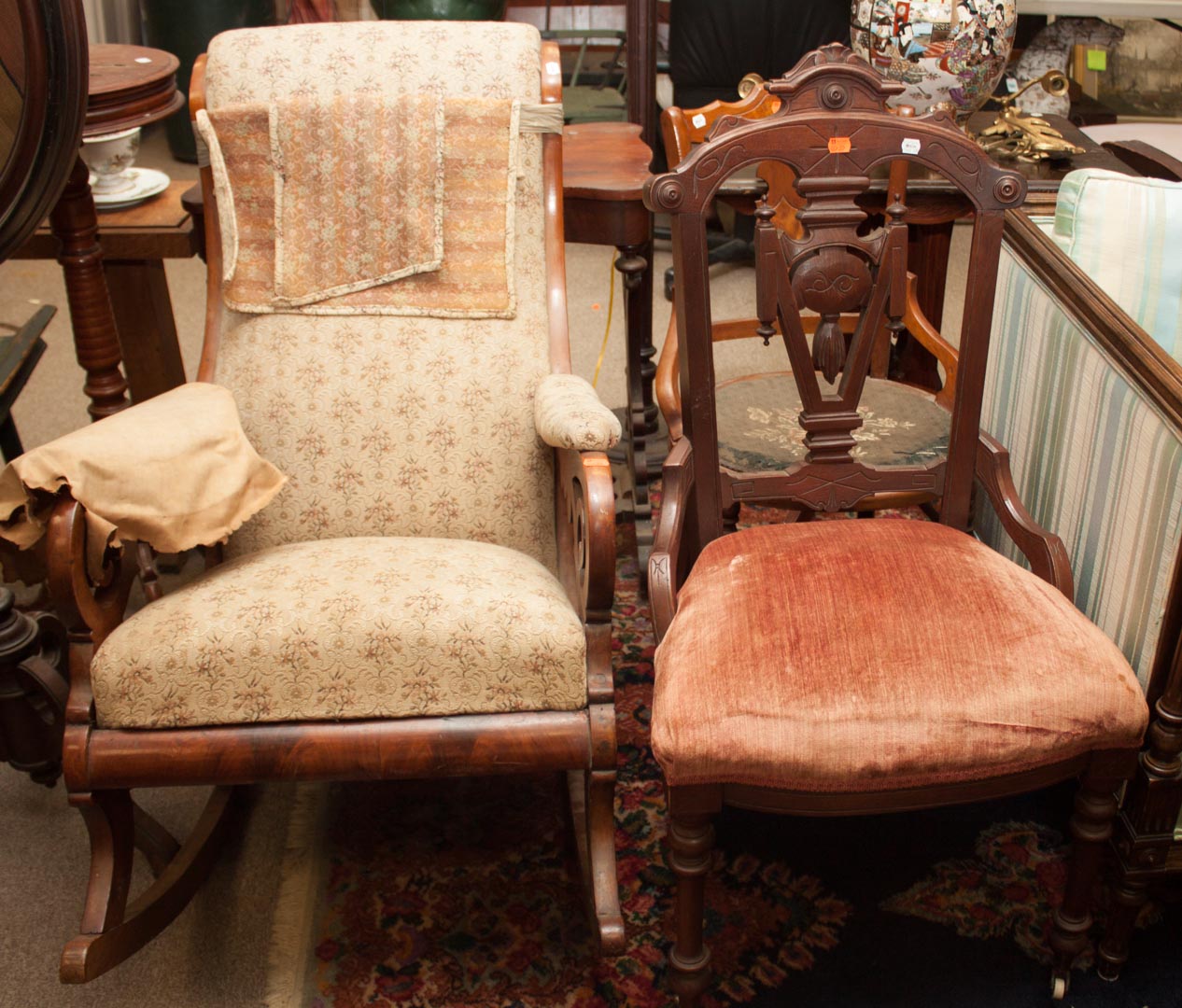 Appraisal: Three Victorian chairs and a fire screen Undernumber