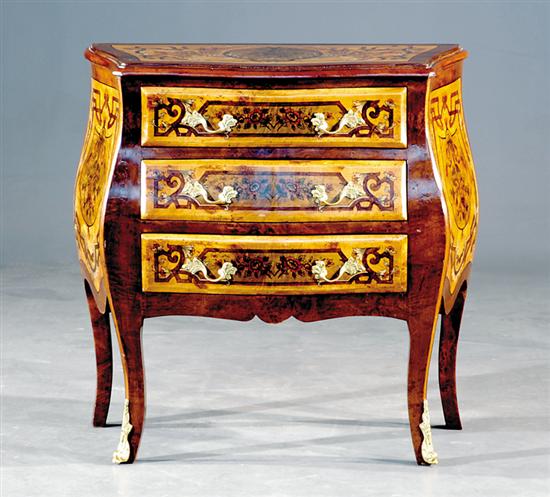 Appraisal: French style mixed wood bombe commode shaped paint-decorated top over