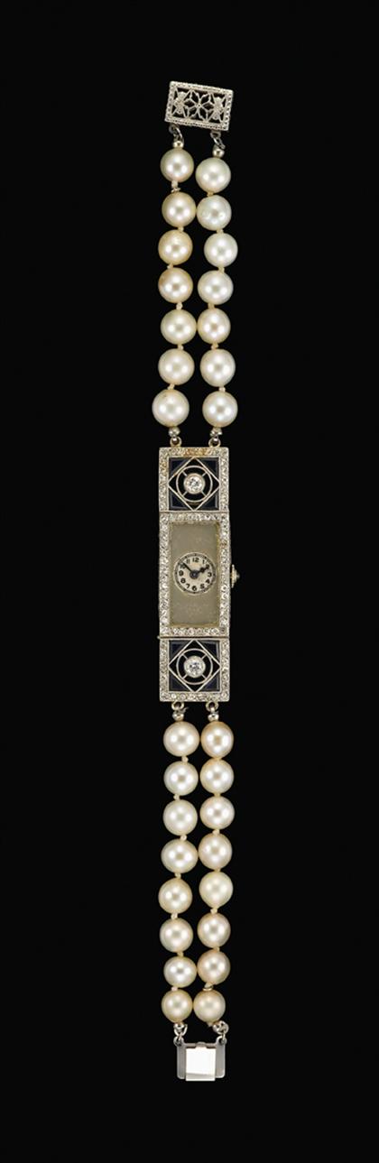 Appraisal: Lady's platinum diamond and enamel wristwatch french art deco Retangular