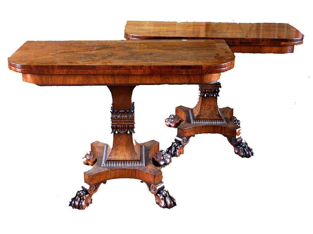 Appraisal: A good pair of Regency rosewood tea tables having fold-over