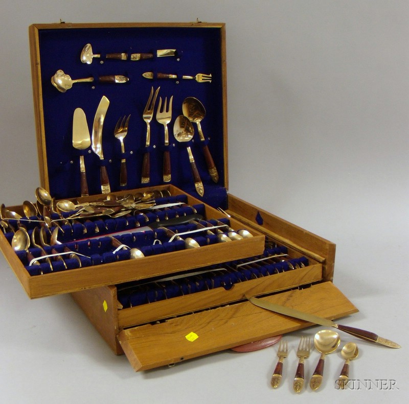 Appraisal: -piece Cased Thai Brass and Hardwood-mounted Flatware Set