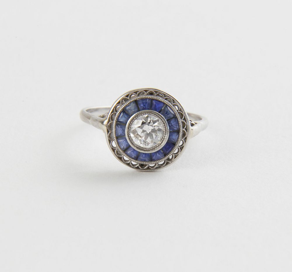 Appraisal: Antique Old European Cut Diamond and Sapphire Platinum Ring Antique