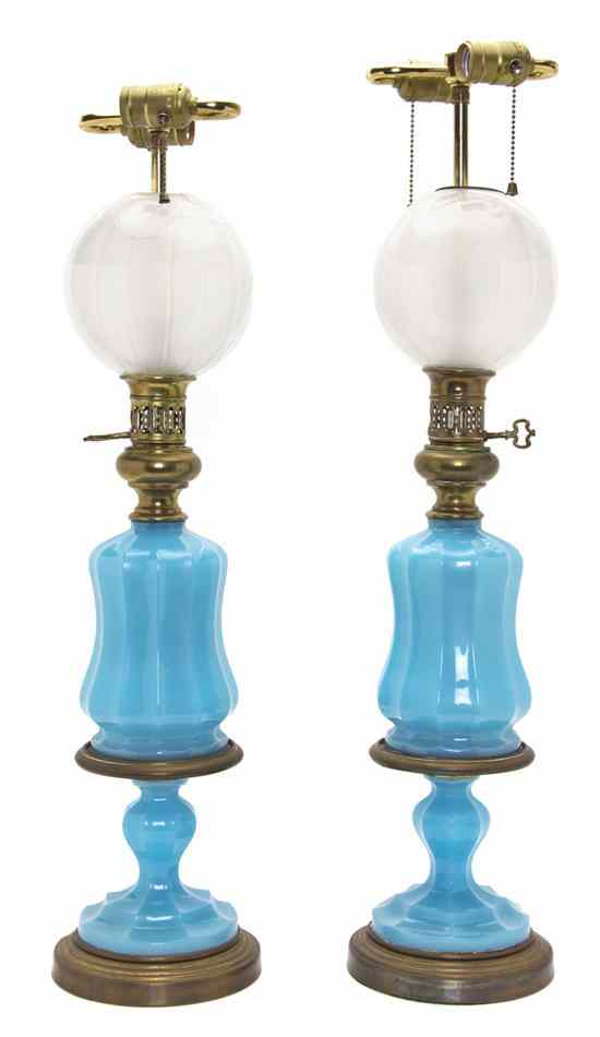 Appraisal: A Pair of French Opaline Glass Oil Lamps each of