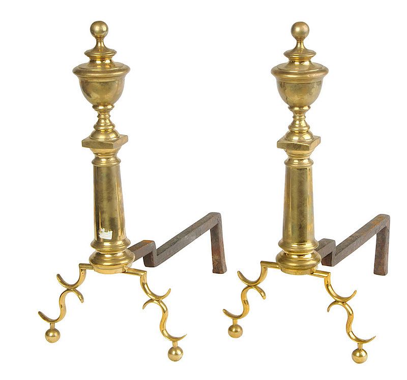 Appraisal: Pair American Federal Brass Andirons th century urn tops ball