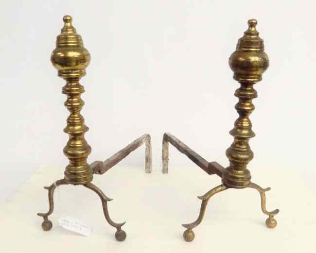 Appraisal: Pair th c brass Empire andirons '' Ht