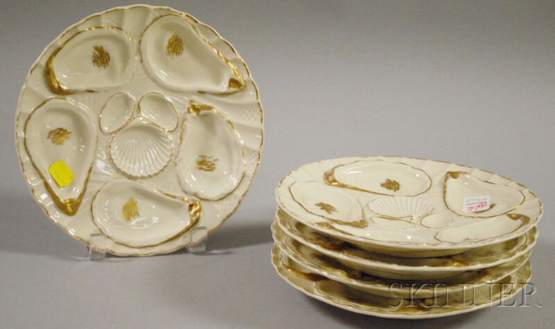 Appraisal: Set of Five Weimar Gilt Porcelain Oyster Plates Germany sepia