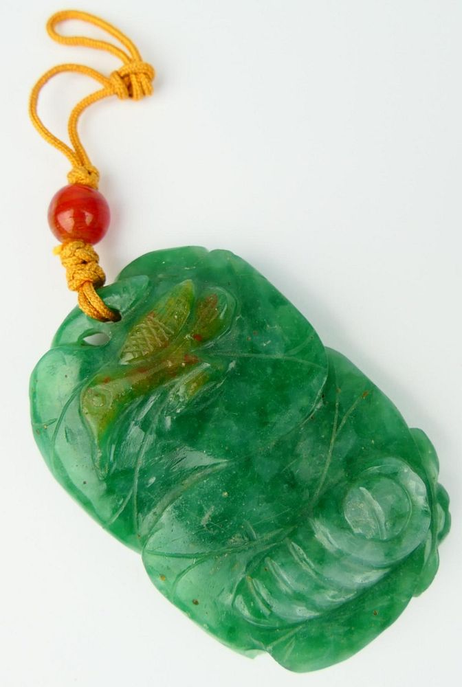 Appraisal: ANTIQUE CHINESE GREEN JADEITE BIRD LOTUS PENDANT Antique Chinese late