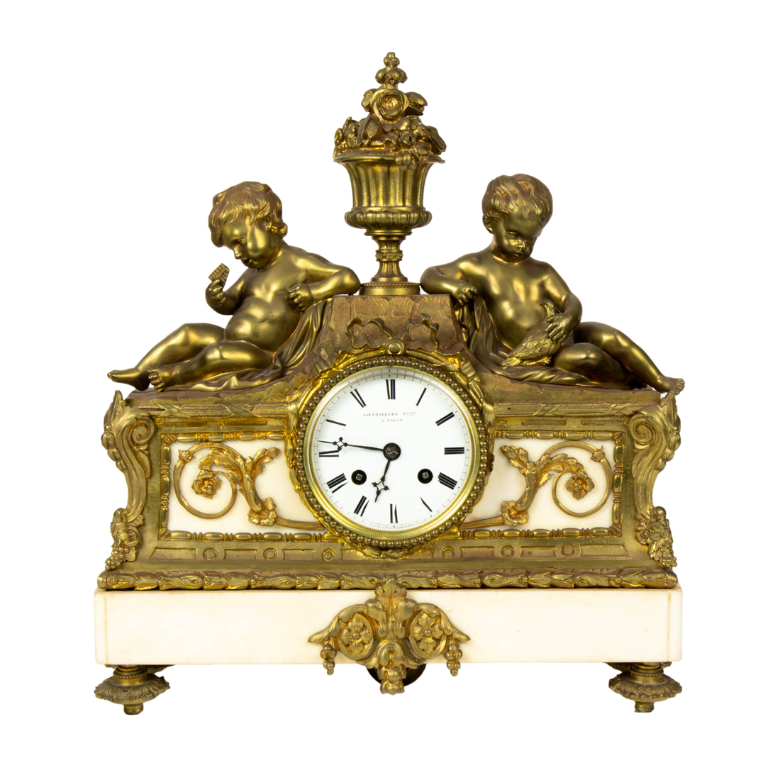 Appraisal: A FRENCH GILT BRONZE AND MARBLE FIGURAL MANTEL CLOCK RETAILED