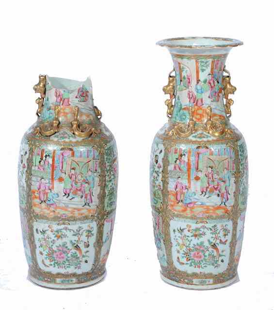 Appraisal: A PAIR OF CHINESE CANTONESE PORCELAIN VASES with polychrome figure