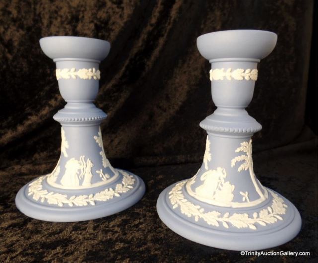 Appraisal: Wedgwood Cream on Lavender Jasperware Candlesticks Yes Wedgwood named these