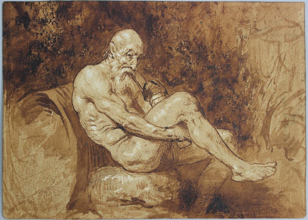 Appraisal: CONTINENTAL SCHOOL TH CENTURY DIOGENES Pen and brown ink watercolor