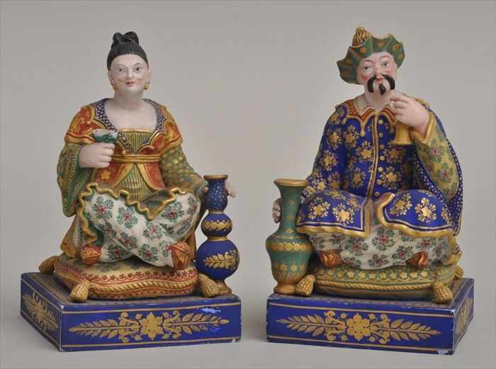 Appraisal: PAIR OF PARIS POLYCHROME BISQUE PORCELAIN CHINOISERIE FIGURES Modeled as