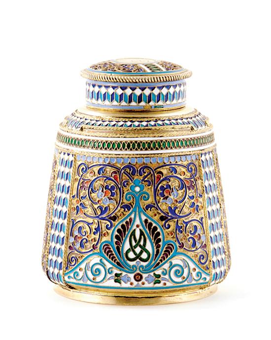 Appraisal: Fine Russian enamel vermeil tea caddy Nikolay Nemirov-Kolodkin Moscow circa