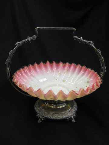 Appraisal: Victorian Silverplate Art Glass Brides Basket cranberry opalescent with enameled