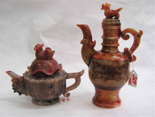 Appraisal: TWO CHINESE SOAPSTONE CARVED PIECES covered tea pot with duck