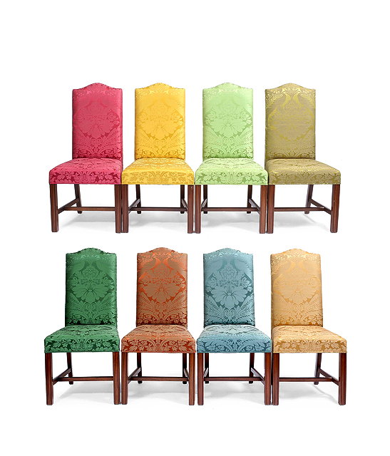 Appraisal: A SET OF EIGHT COLOURED SILK UPHOLSTERED DINING CHAIRS the