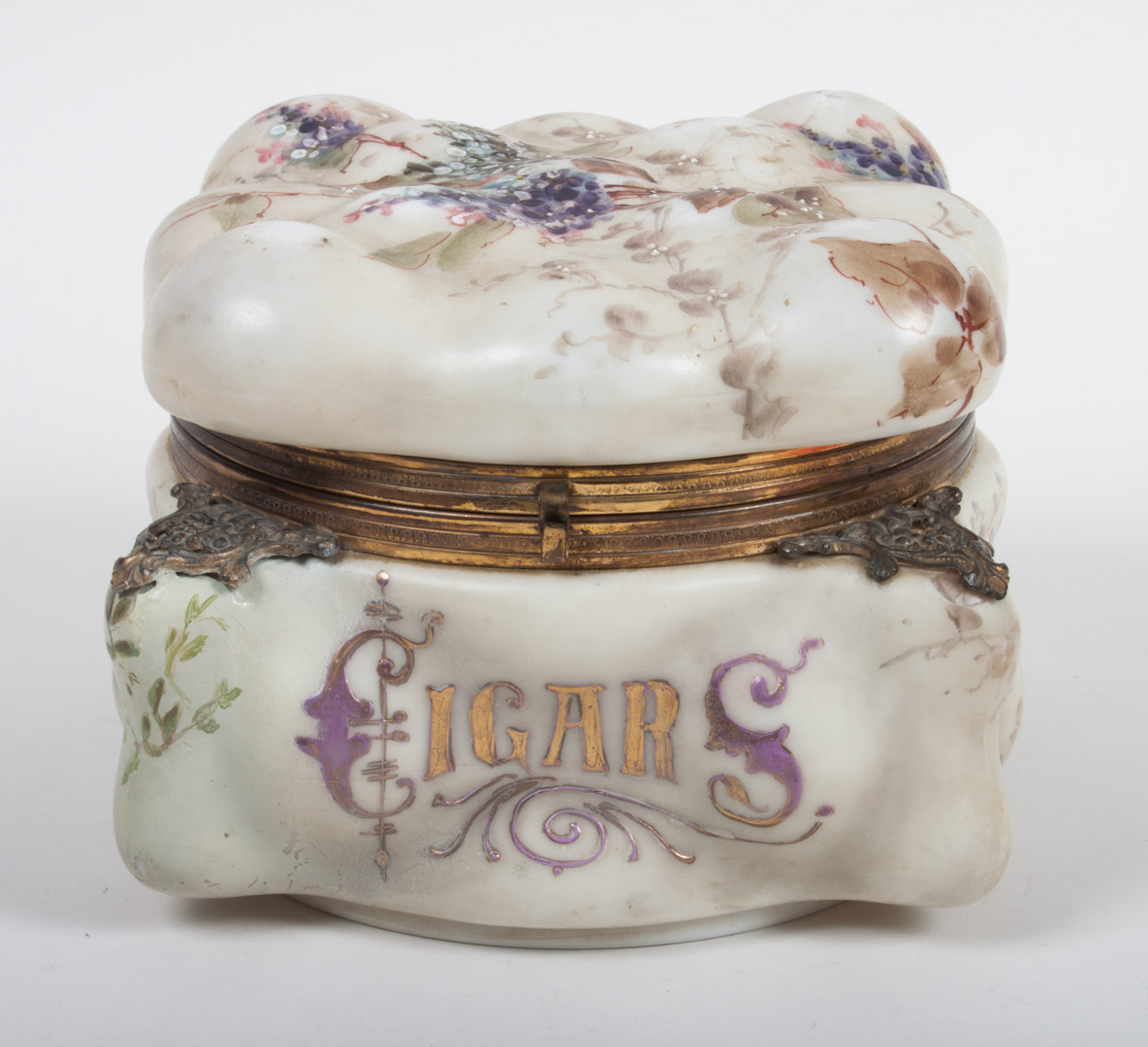 Appraisal: American painted milk glass cigar jar late th century gilt-metal-mounted