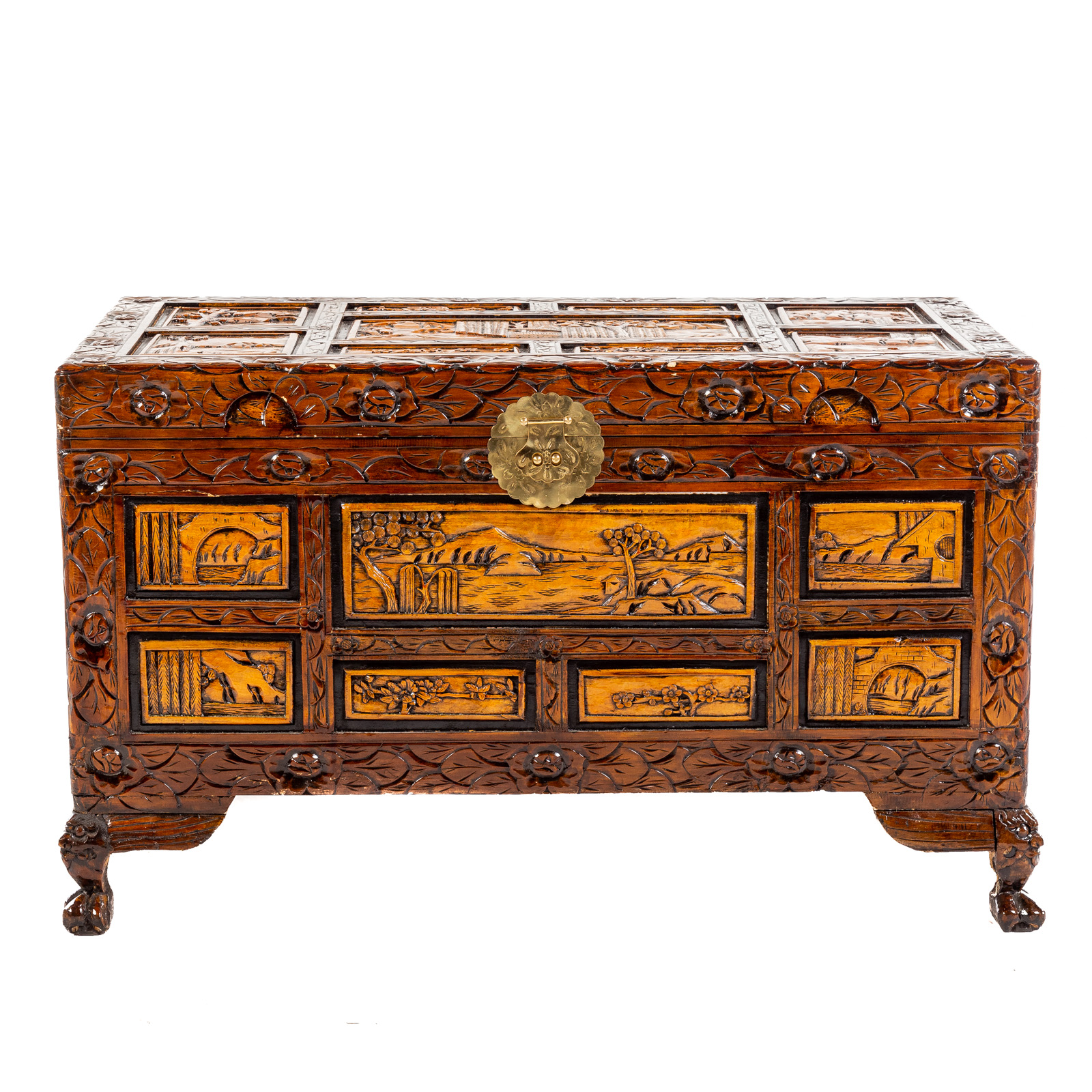 Appraisal: CHINESE CARVED CAMPHOR WOOD BLANKET CHEST th century top and