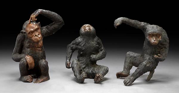 Appraisal: A group of three patinated bronze models of monkeys The