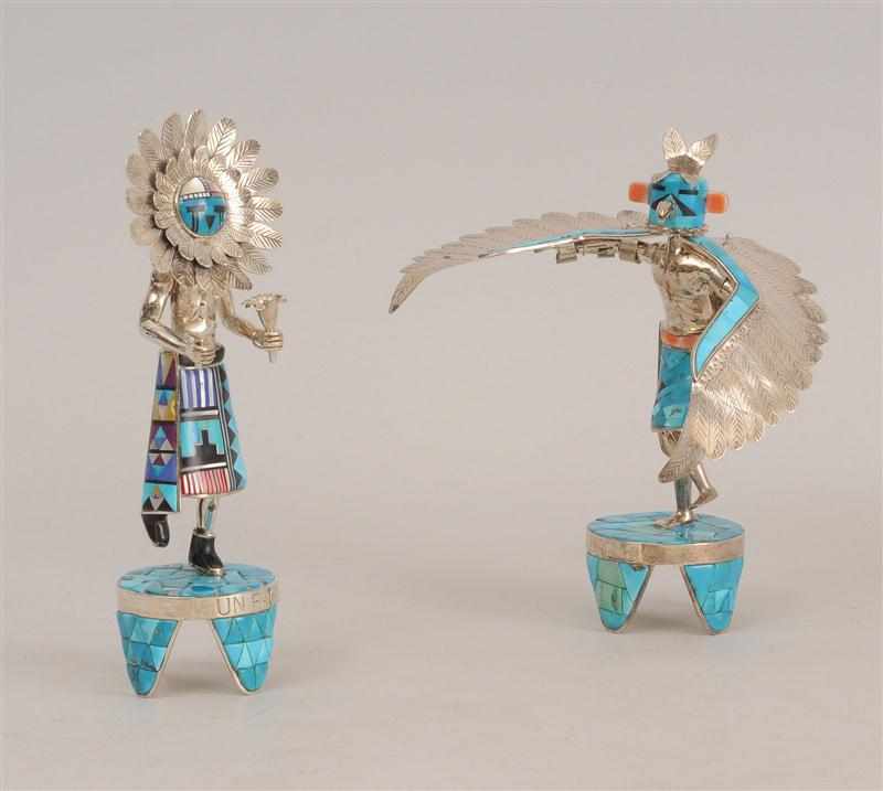 Appraisal: TWO SOUTHWEST INDIAN TURQUOISE-MOUNTED SILVER FIGURES OF CEREMONIAL DANCERS ''EAGLE''