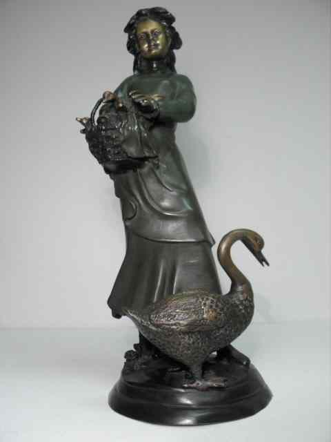 Appraisal: Bronze sculpture depicting a girl with baby Geese in a