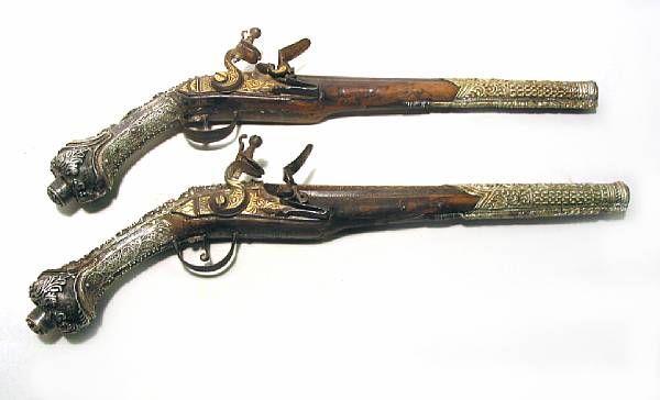 Appraisal: A brace of silver-mounted Ottoman flintlock kubur pistolscirca Each with