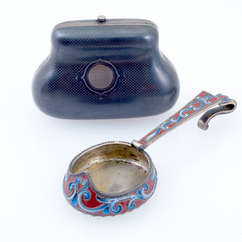 Appraisal: Russian silver enameled kovash-form spoon with an silver Niello purse