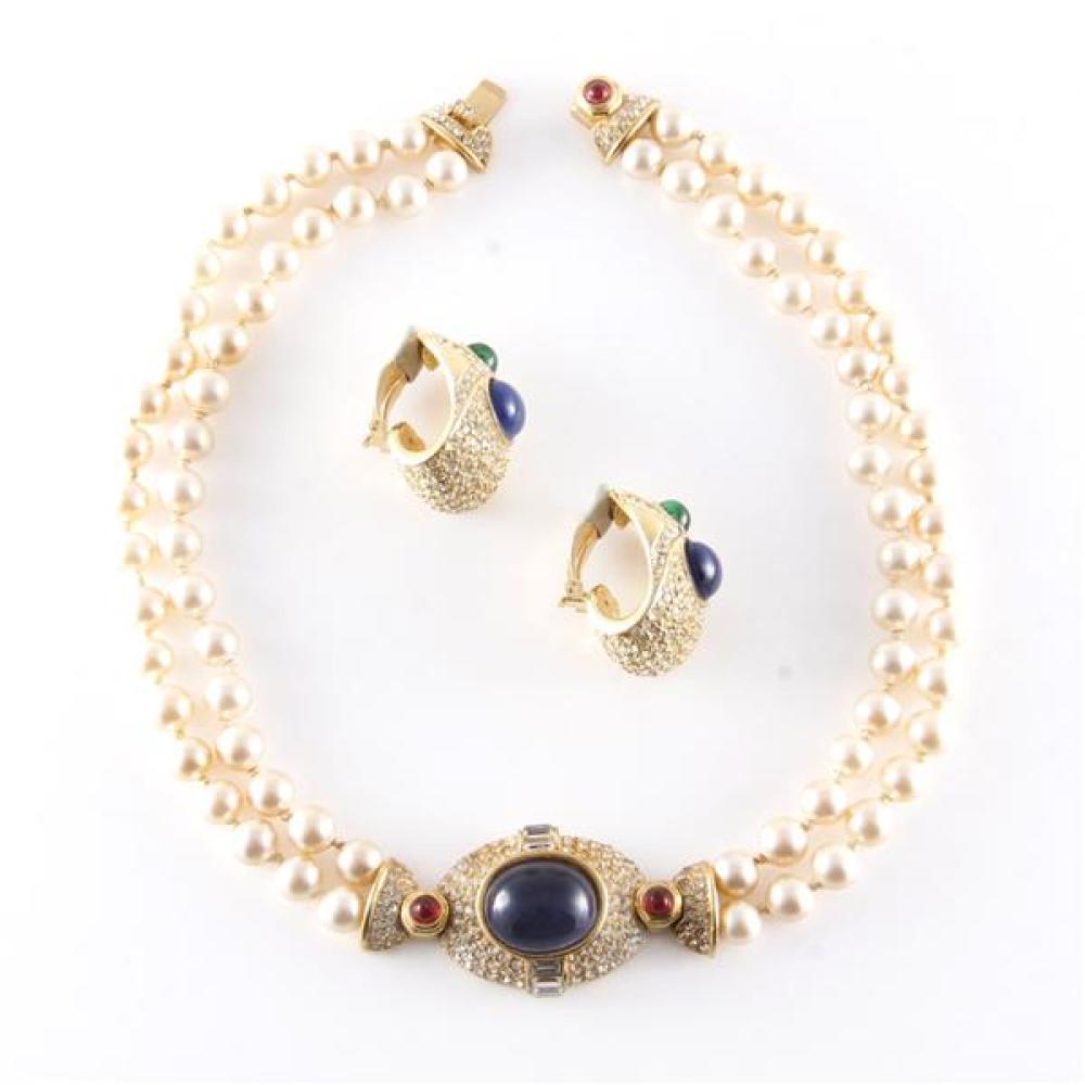 Appraisal: CINER FAUX PEARL DOUBLE STRAND NECKLACE WITH A PAVE PENDANT