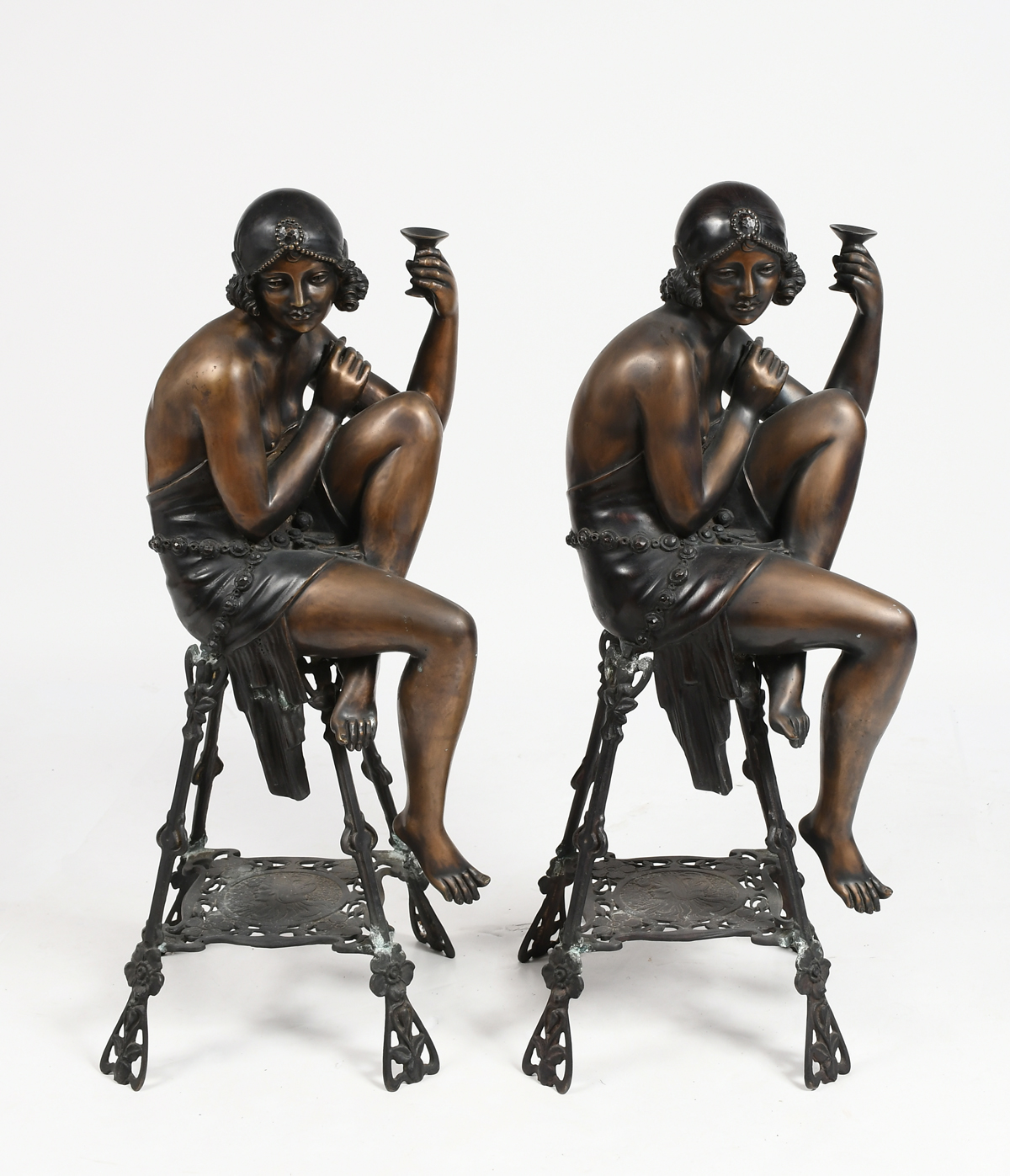 Appraisal: TWO LARGE MATCHING DECO-STYLE FLAPPER BRONZES Young Partially Nude Female