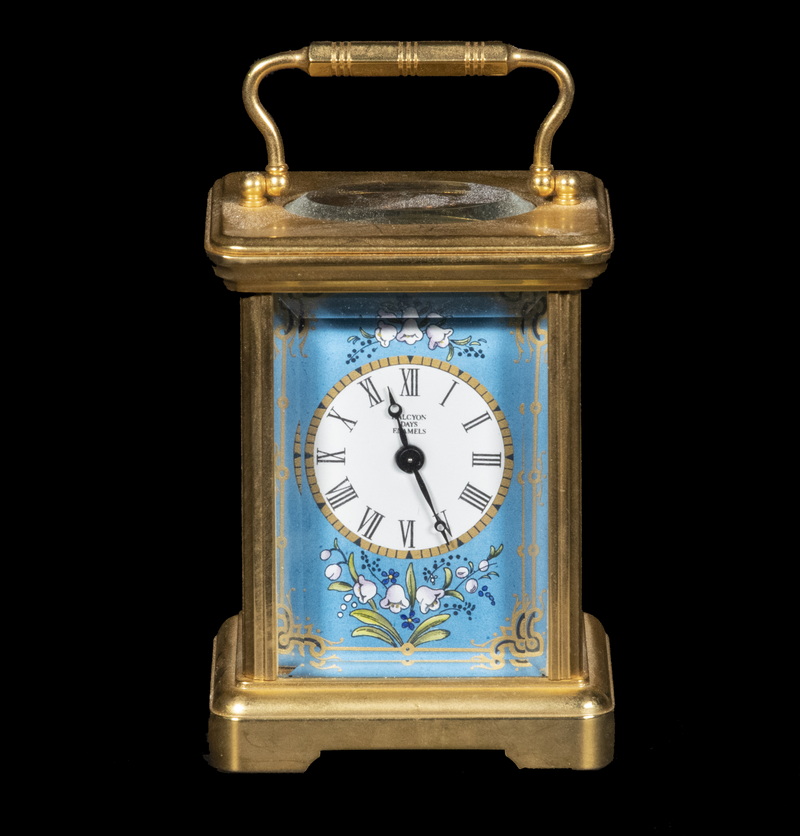 Appraisal: HALCYON DAYS ENAMELED CARRIAGE CLOCK English Brass Cased Miniature Carriage