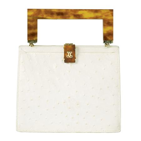 Appraisal: White Ostrich Afternoon Bag with Faux Tortoise Handle Estimate -