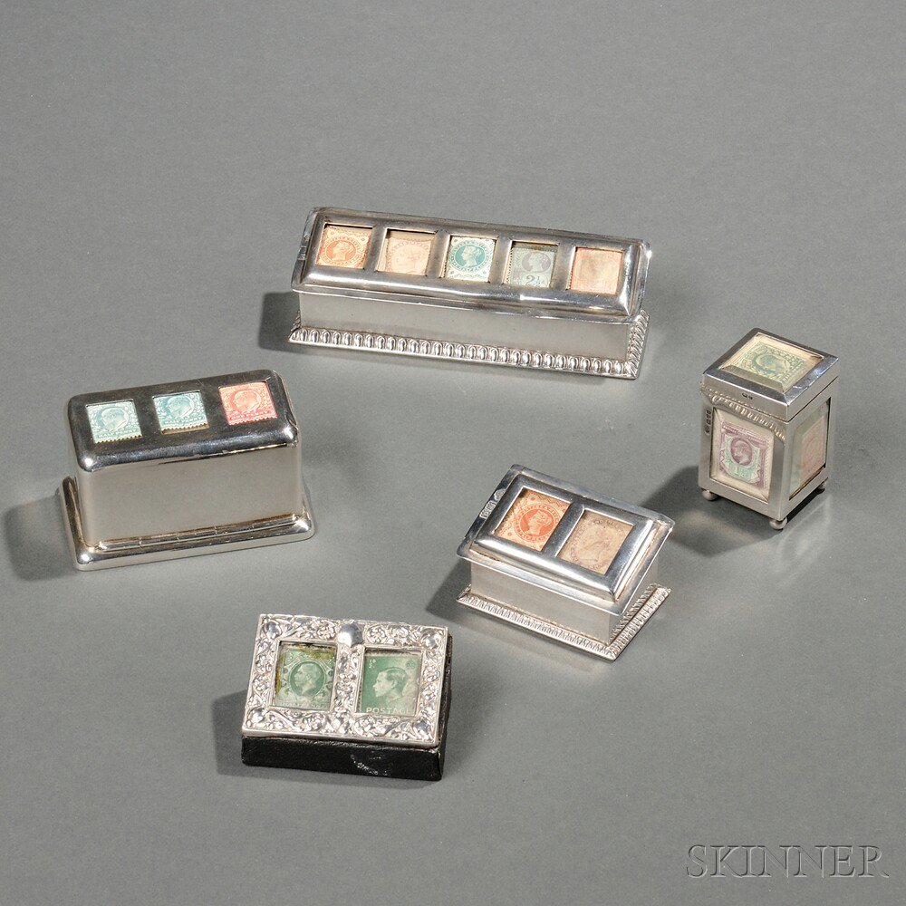 Appraisal: Five English Sterling Silver Stamp Boxes th century various makers