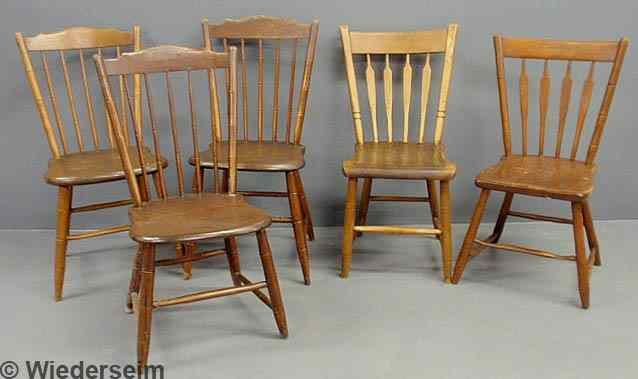 Appraisal: Assembled set of five plank bottom side chairs c each