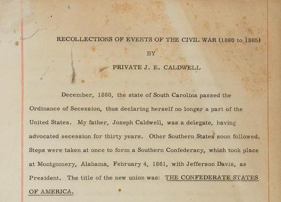 Appraisal: J E CALDWELL - rd South Carolina Typescript memoir titled