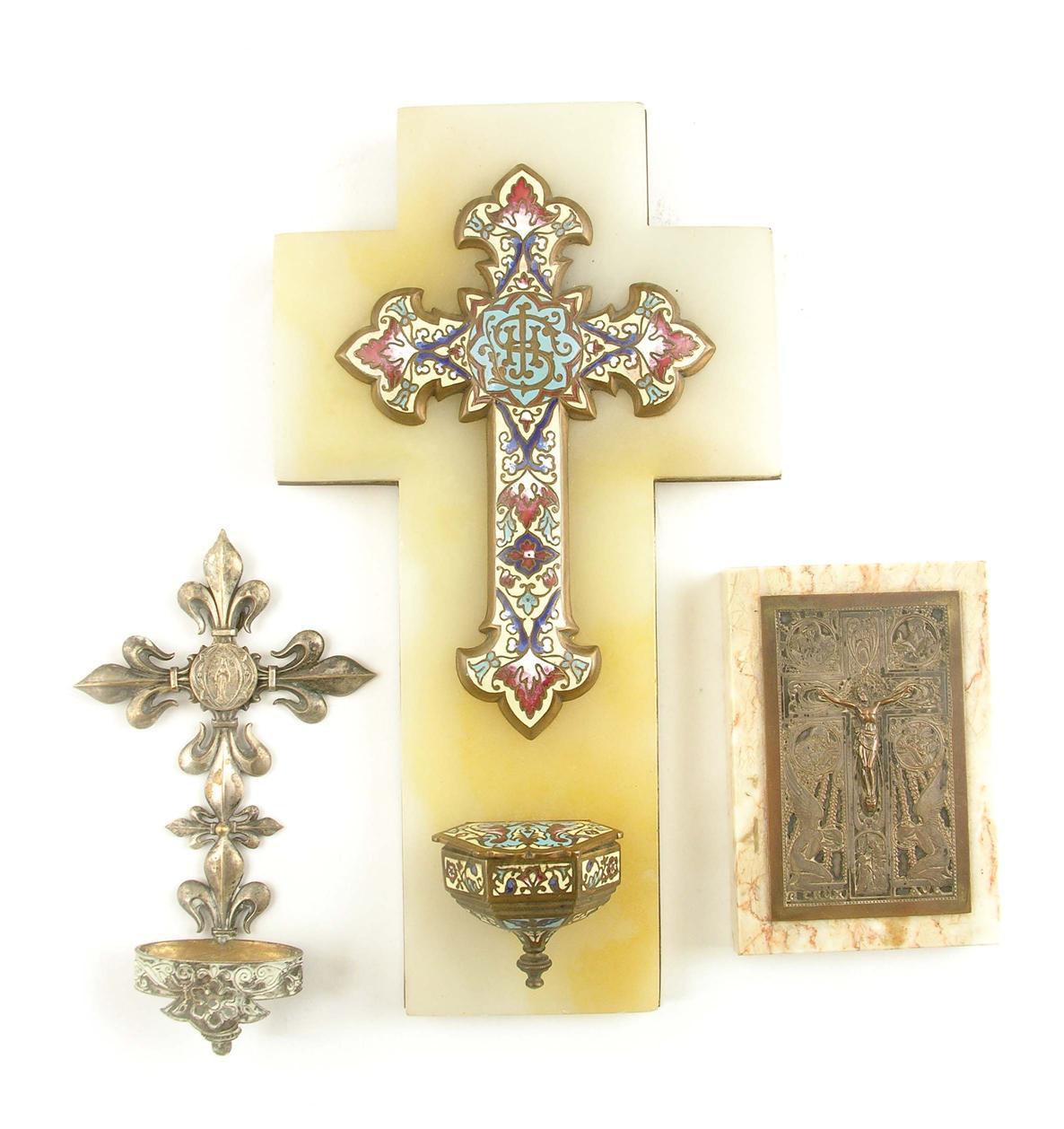 Appraisal: A French cloisonne and brass water stoop and crucifix