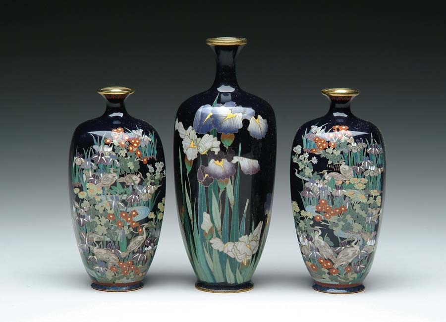 Appraisal: THREE SMALL JAPANESE CLOISONNE ENAMEL VASES Pair of - in