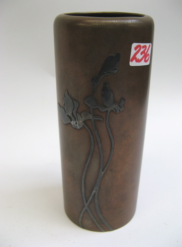 Appraisal: AMERICAN HEINTZ STERLING ON BRONZE VASE in H The cylindrical