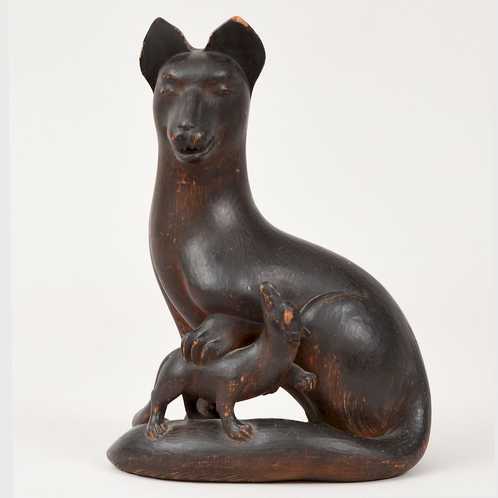 Appraisal: Japanese Carved Wood Model of a Fox and Pup in