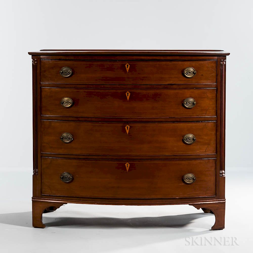 Appraisal: Carved and Inlaid Bow-front Cherry Chest of Drawers Carved and