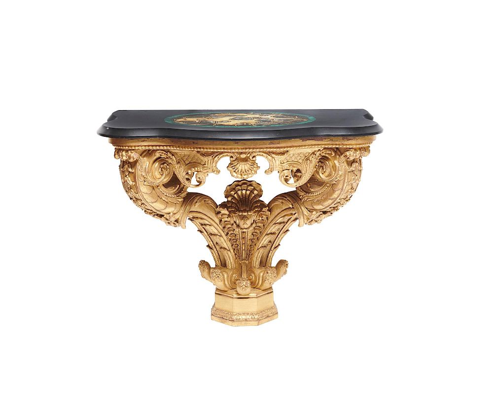 Appraisal: Continental Specimen Marble Top Carved Giltwood Console Table th century