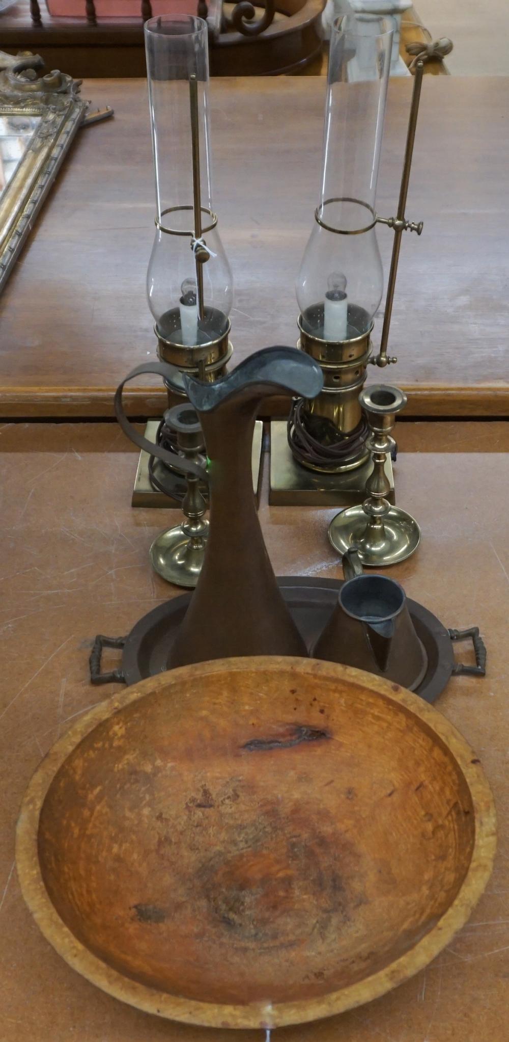 Appraisal: PAIR BRASS SHIP'S LANTERNS WITH GLASS SHADES PAIR BRASS CANDLESTICKS