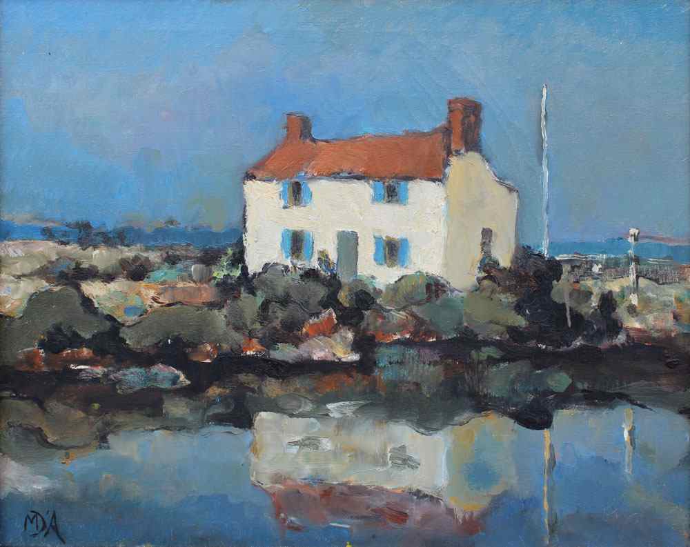 Appraisal: D'AGUILAR Michael UK - Lakeshore Landscape With Cottage Oil Canvas